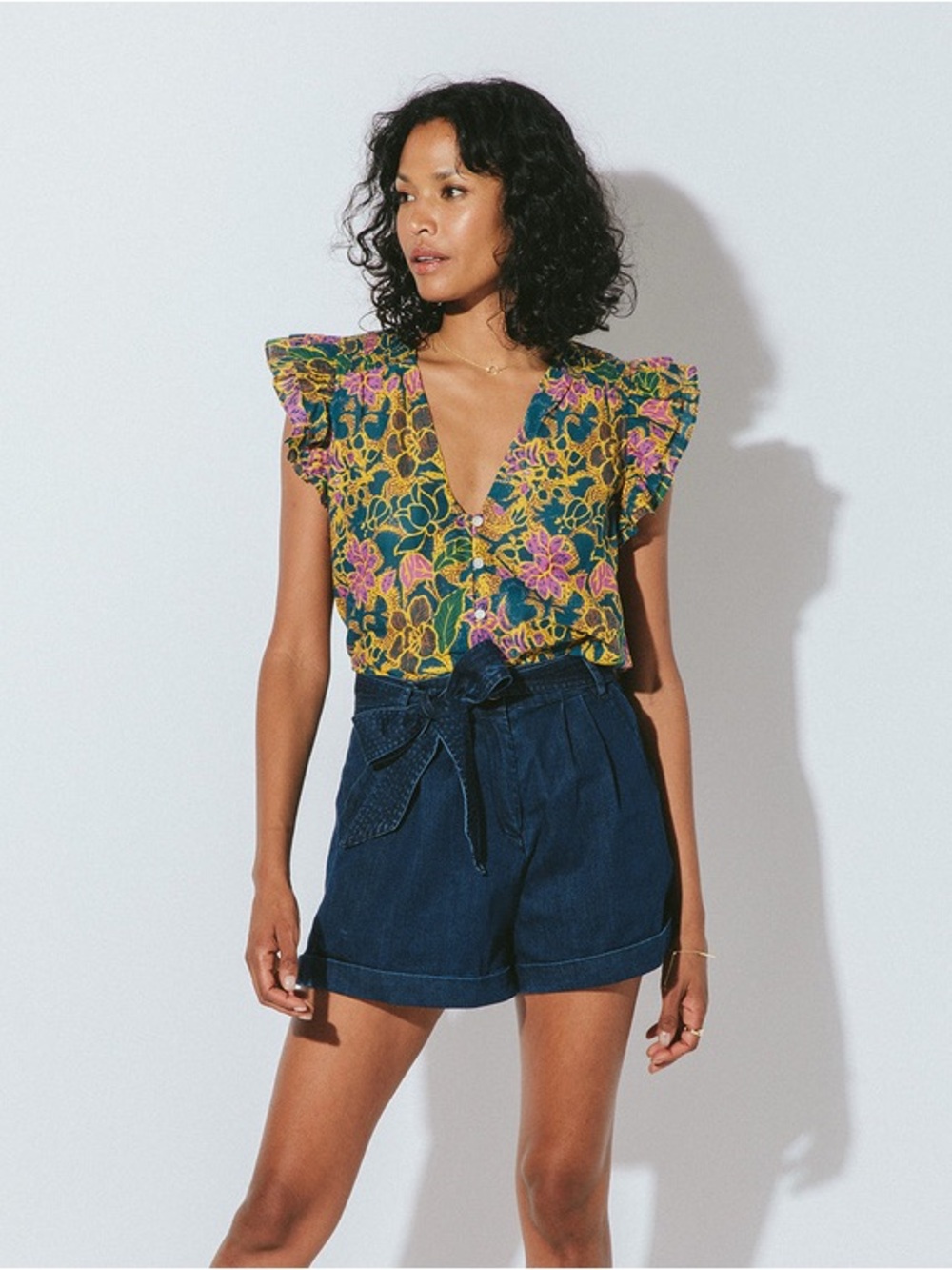 Cleobella Chloe Floral Ruffle Short Sleeve Blouse In Indoblock Print Size XS
